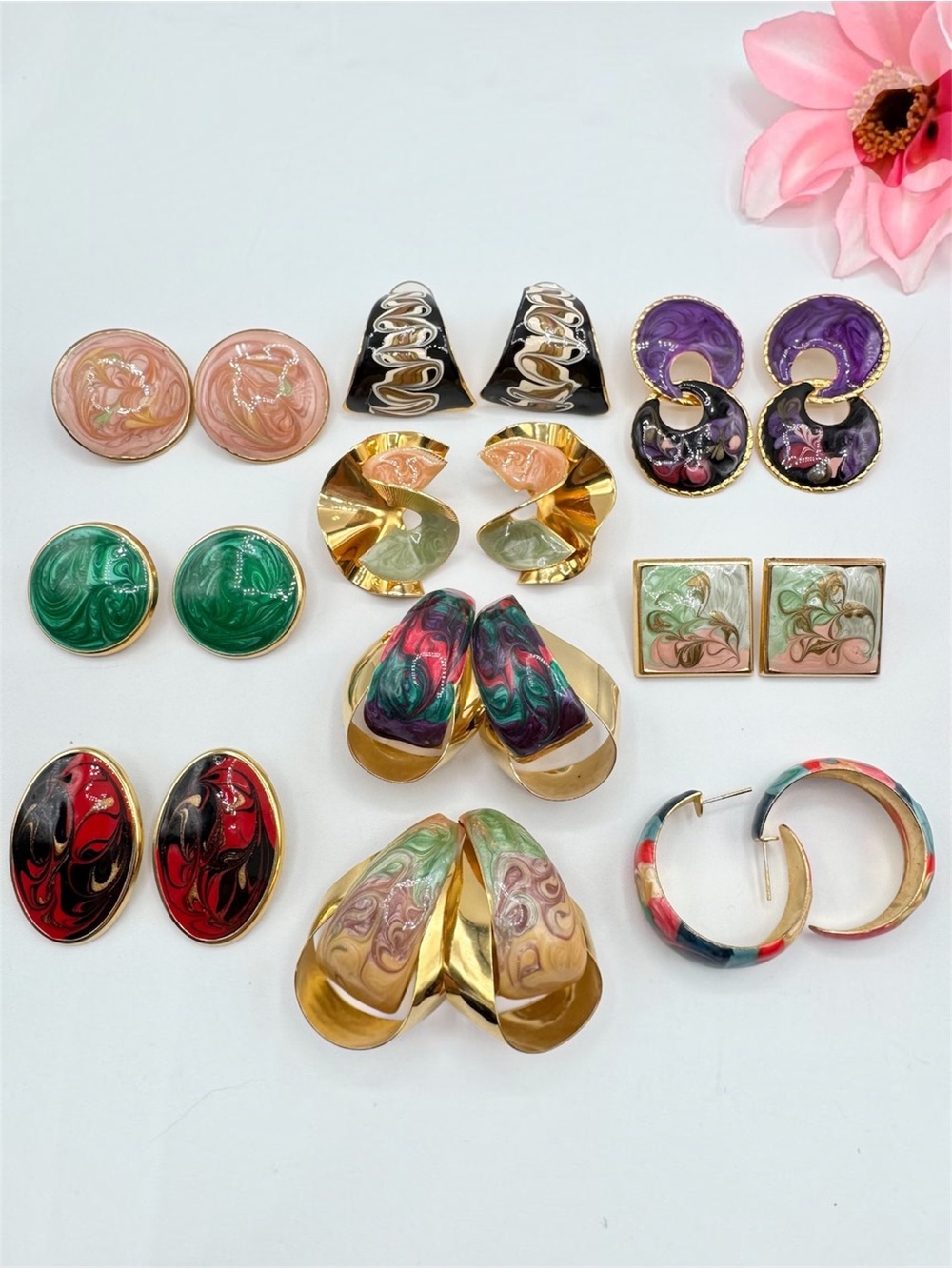 Vintage Swirled Enamel Metal Pierced Stud Earring Lot Costume Jewelry 10 Pair